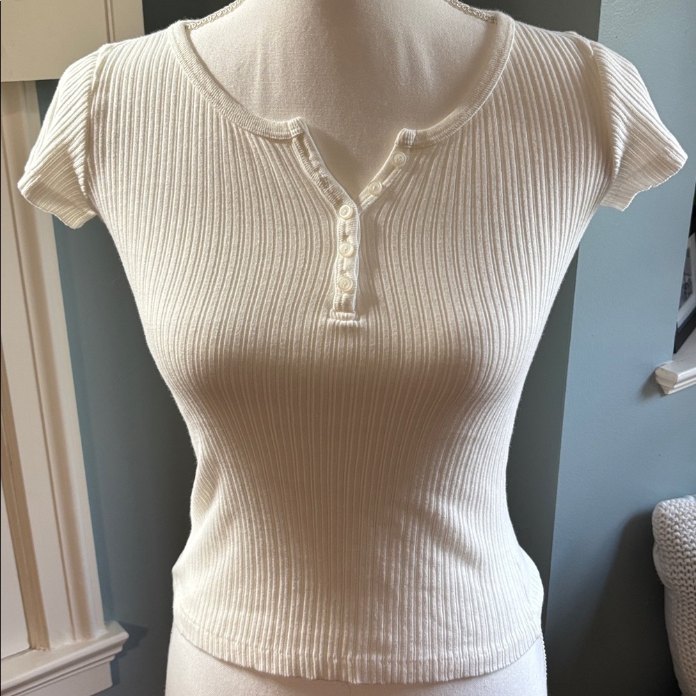 Brandy Mellville White Ribbed Short Sleeve Henley Top